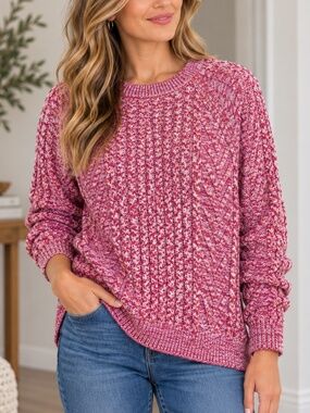 GAP Women Sweater XL Pink Cotton Cable Knit Pullover Chunky Marled Office Casual